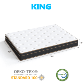 12 Inch King Mattress, Innerspring Mattress with Black Gold Trim & White Cover - Medium Firm Support