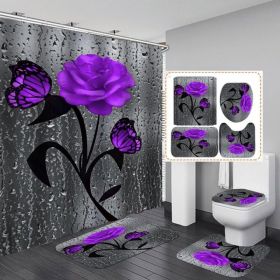 4PCS 3D Raindrop Rose Flower Shower Curtain,Fabric Cloth Polyester Waterproof Bath Curtain, Non-Slip Bathroom Rugs Bath Mat Set