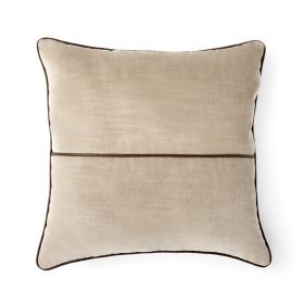 18" x 18" Beige Velvet With Faux Leather Trim Polyester Decorative Pillow