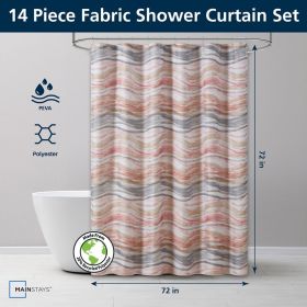 14-Piece Abstract Wave Shower Curtain Set -- 72" x 72" Fabric Curtain, PEVA Liner Metal Hooks, Moisture-Repellent, Machine Washable