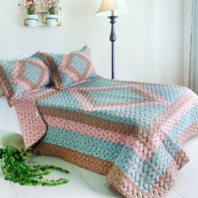 [Toporulian] Cotton 3PC Foral Vermicelli-Quilted Patchwork Quilt Set (Full/Queen Size)