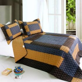 [Classics Harmony] 3PC Vermicelli-Quilted Patchwork Quilt Set (Full/Queen Size)