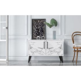Manhattan Comfort Mid-Century- Modern Amsterdam Double Side Table 2.0 with 3 Shelves in White Marble