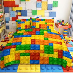 3 Piece Funny Toy Comforter Set with Pillow Shams Colorful Building Blocks Bedding Set with 3D Printed Designs Reversible Comforter Full Size Bed