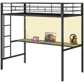 Twin Size Loft Bed with Desk, LED Lights, Charging Station, Twin Metal Loft Bed Frame with Ladder, Black