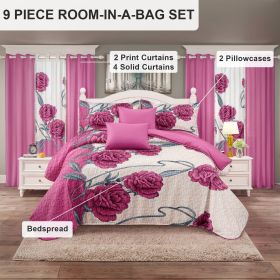 9 Piece Soft All-Season Washed Microfiber Cover Set , Queen/King/Calking Bedding Set With Pillowcases,Bedspread Print Curtains & Solid Curtains,P (Color: Pink/White Rose, size: Queen)