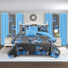 9 Piece in a Bag Thick Touch Bed Cover Curtain Set, Upgraded Luxury Bedspread Set, Bamboo microfiber All Season Bedding-Set For Home, RV Beding (Color: grey/blue jewel flower, size: CAL KING)