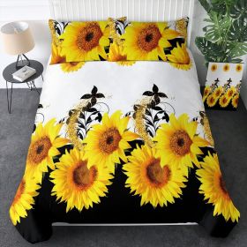 Sunflower Pattern Duvet Cover, Black & White Bedding Set for Men and Women, Sunflower Printed Duvet Cover, with Zipper Closure Ultra Soft Durable (Color: yellow, size: Queen)