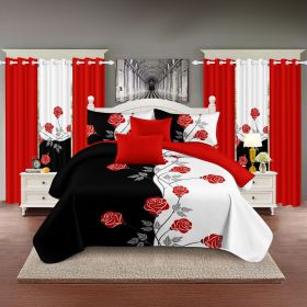 9 Piece in a Bag Thick Touch Bed Cover Curtain Set, Upgraded Luxury Bedspread Set, Bamboo microfiber All Season Bedding-Set For Home, RV Beding (Color: black/white red flower, size: CAL KING)