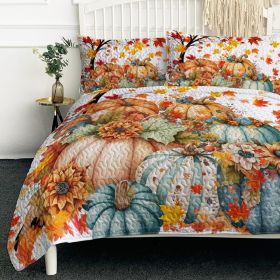 3PCS Colorful Oil Painting Pumpkin Pattern Quilt Set for All Seasons Flower Fall Leaves Bedding Set with 2 Pillowcases for Kids Adults Thanksgivi (Color: Orange, size: King)
