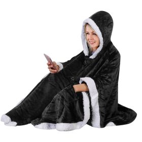 Hoodie Blanket Wrap Wearable Hoodie Snuggle Robe Sweatshirt Soft Lined Cuddle Poncho Cape w/ Hat 2 Pockets Buttons (Type: Black)