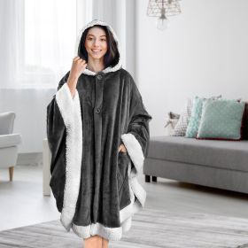 Hoodie Blanket Wrap Wearable Hoodie Snuggle Robe Sweatshirt Soft Lined Cuddle Poncho Cape w/ Hat 2 Pockets Buttons (Type: Grey)