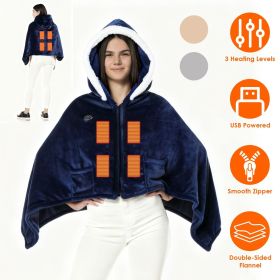 Wearable Heated Throw Blanket Double-Sided Flannel Portable Electric Heating Hoodie For Women Men Machine Washable 3 Heating Levels Battery Opera (Color: Blue)