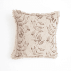 Linen Printed Cushion With Fringes  Brown (Option: Brown)